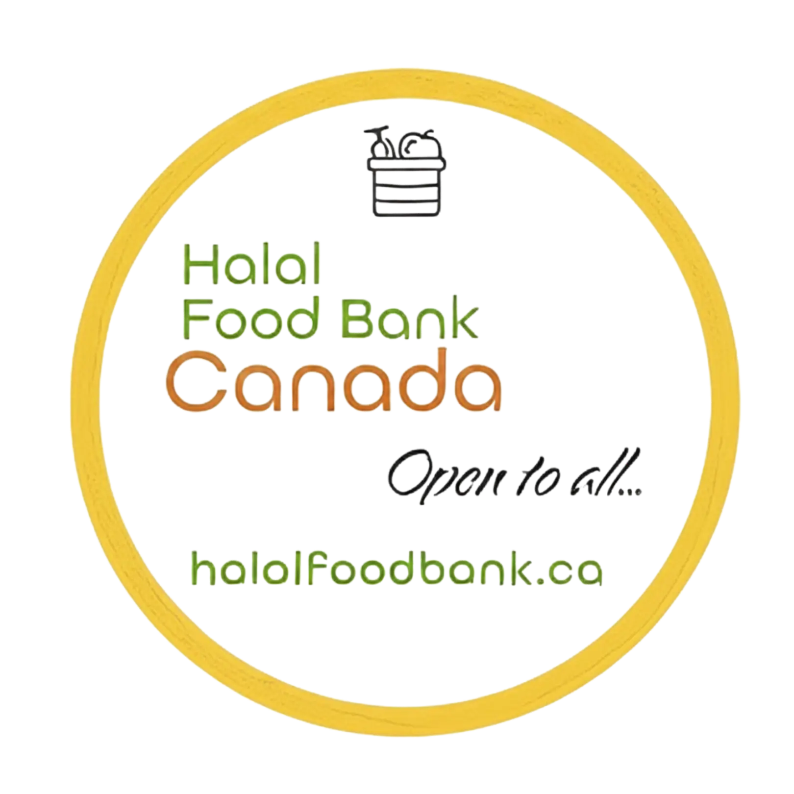 Logo for Halal Food Bank Canada featuring a yellow circular ring and 'Halal Food Bank Canada' text in green and orange, with the website halalfoodbank.ca at the bottom