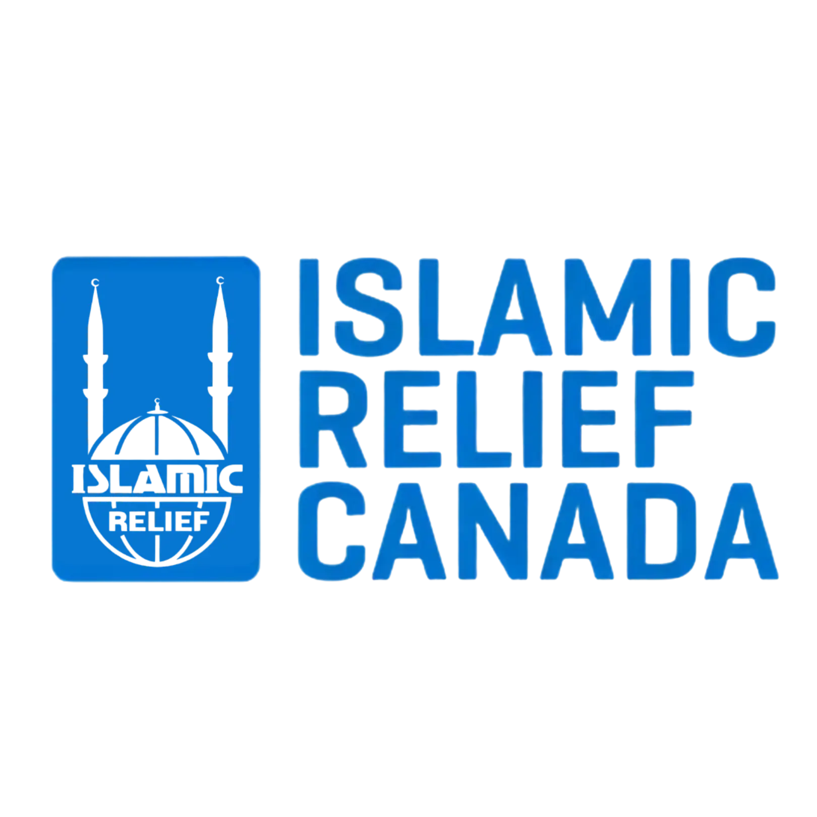 Blue Islamic Relief Canada logo: rounded-square icon with a mosque dome and minarets, beside bold text 'ISLAMIC RELIEF CANADA'