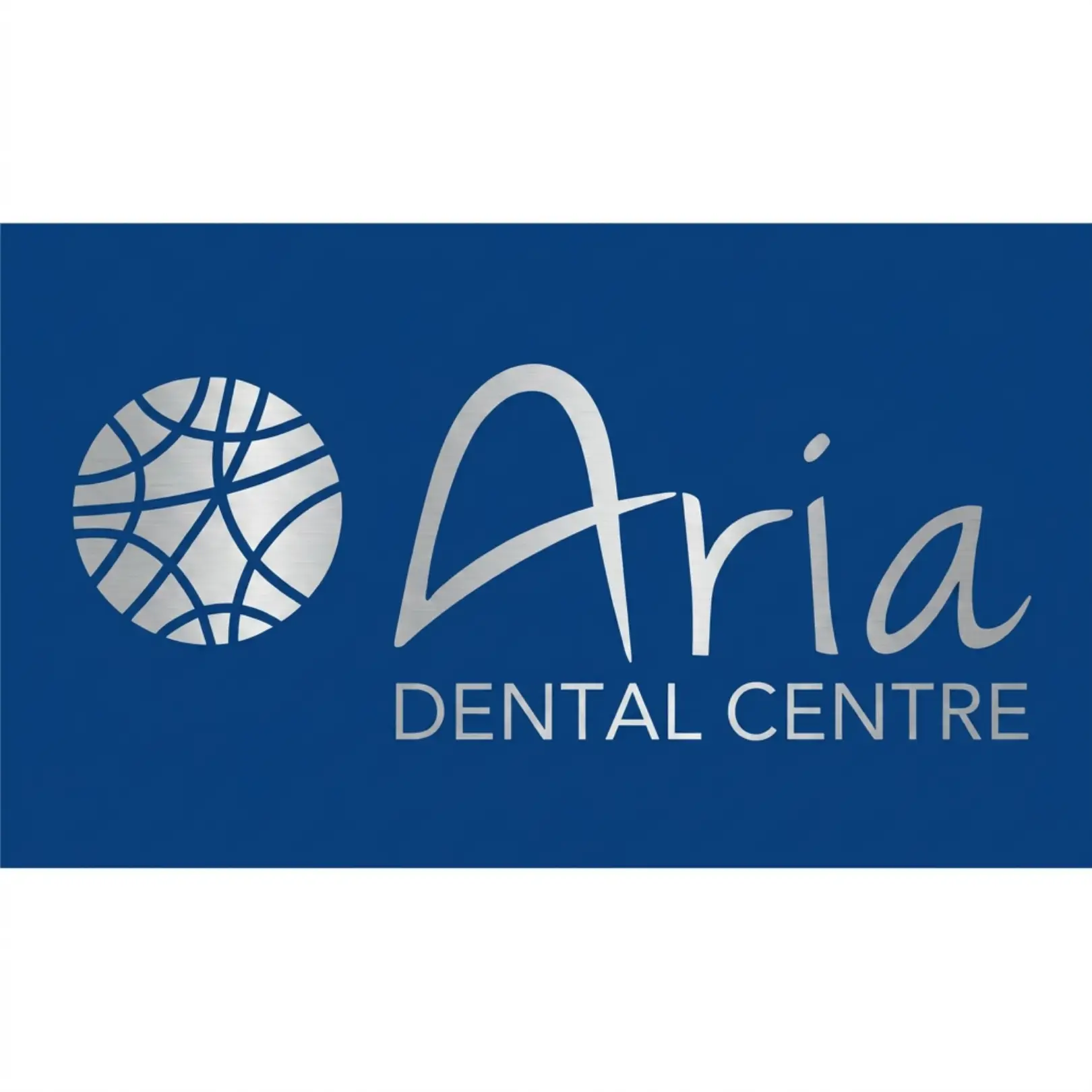 Aria Dental Centre logo on a blue background with a globe icon to the left and stylized 'Aria' text