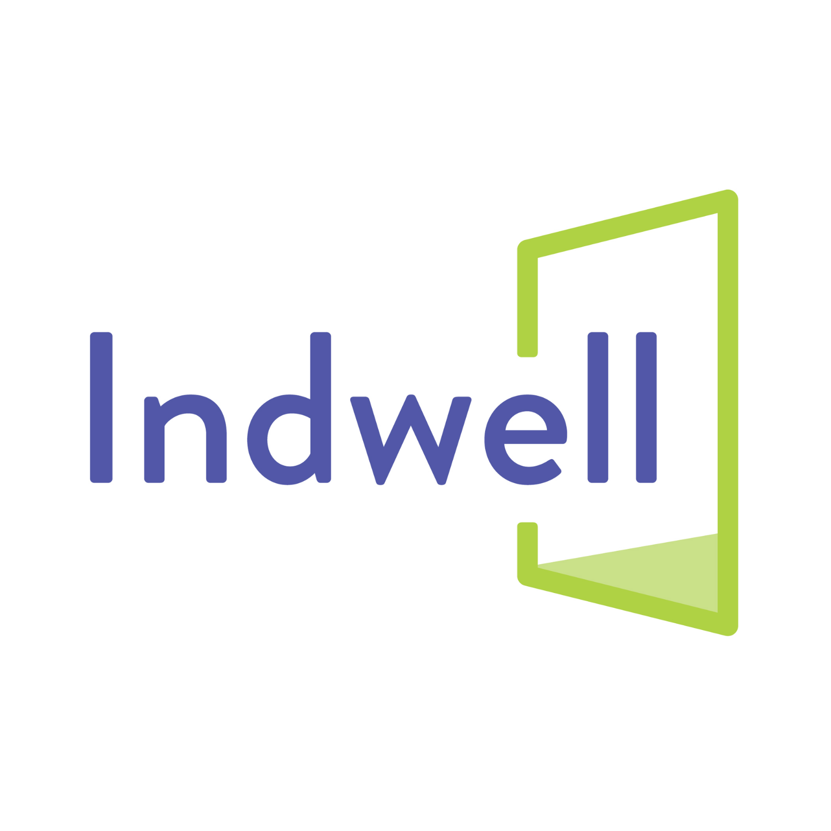 Logo with the word 'Indwell' in blue and a large lime‑green abstract outline of an open book to the right, partially cropped from the image edge.