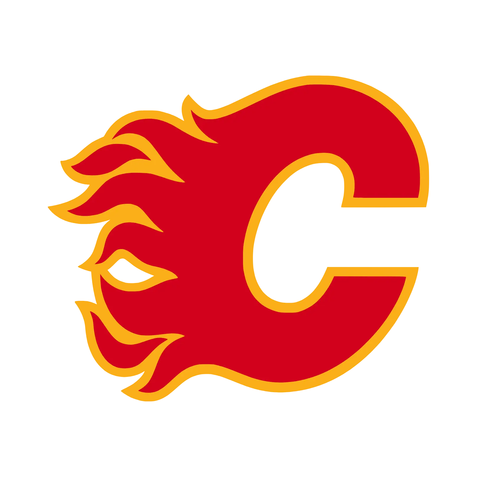 Part of the Calgary Flames logo: a red flaming letter C with a yellow outline/edge against a black background.