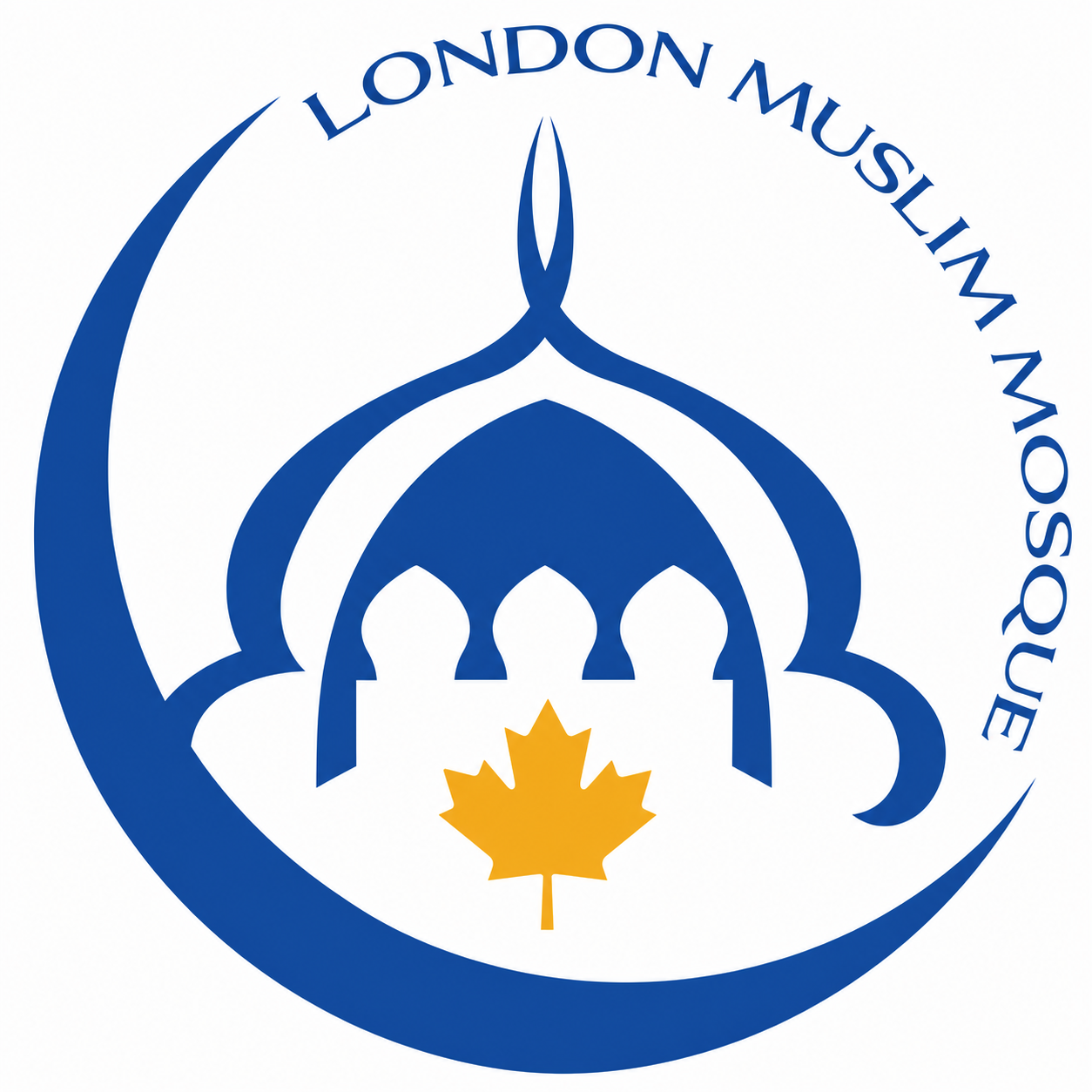 Circular London Muslim Mosque logo: blue stylized dome with an orange maple leaf inside the circle.